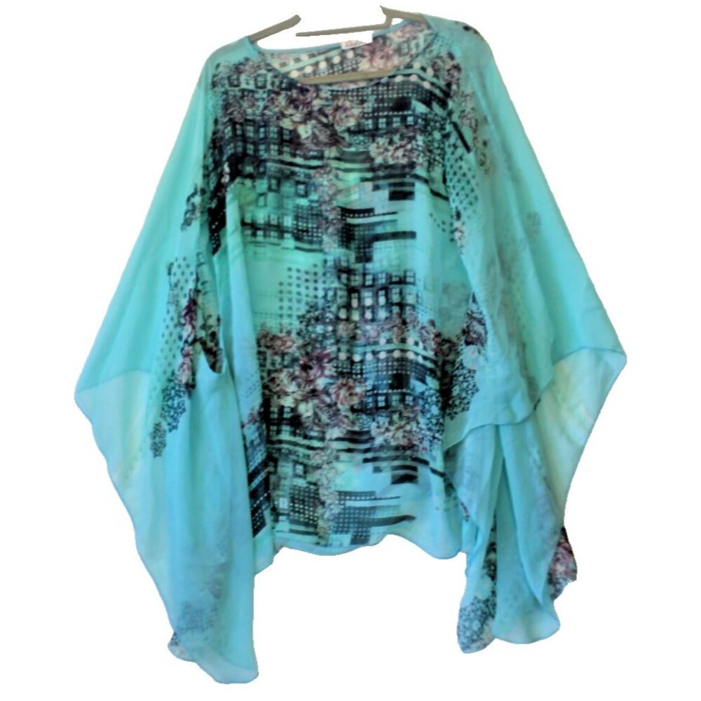 Radek's Women’s Blue Multicolor Embellished Sheer Top Flowy Scarf Poncho XL